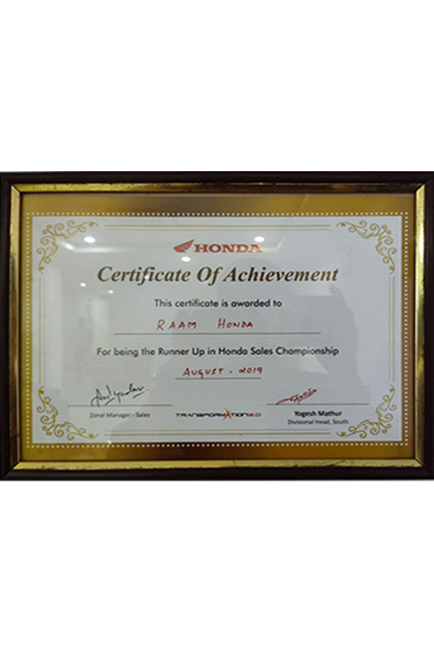 Runner-Up in Honda Sales Championship August 2019