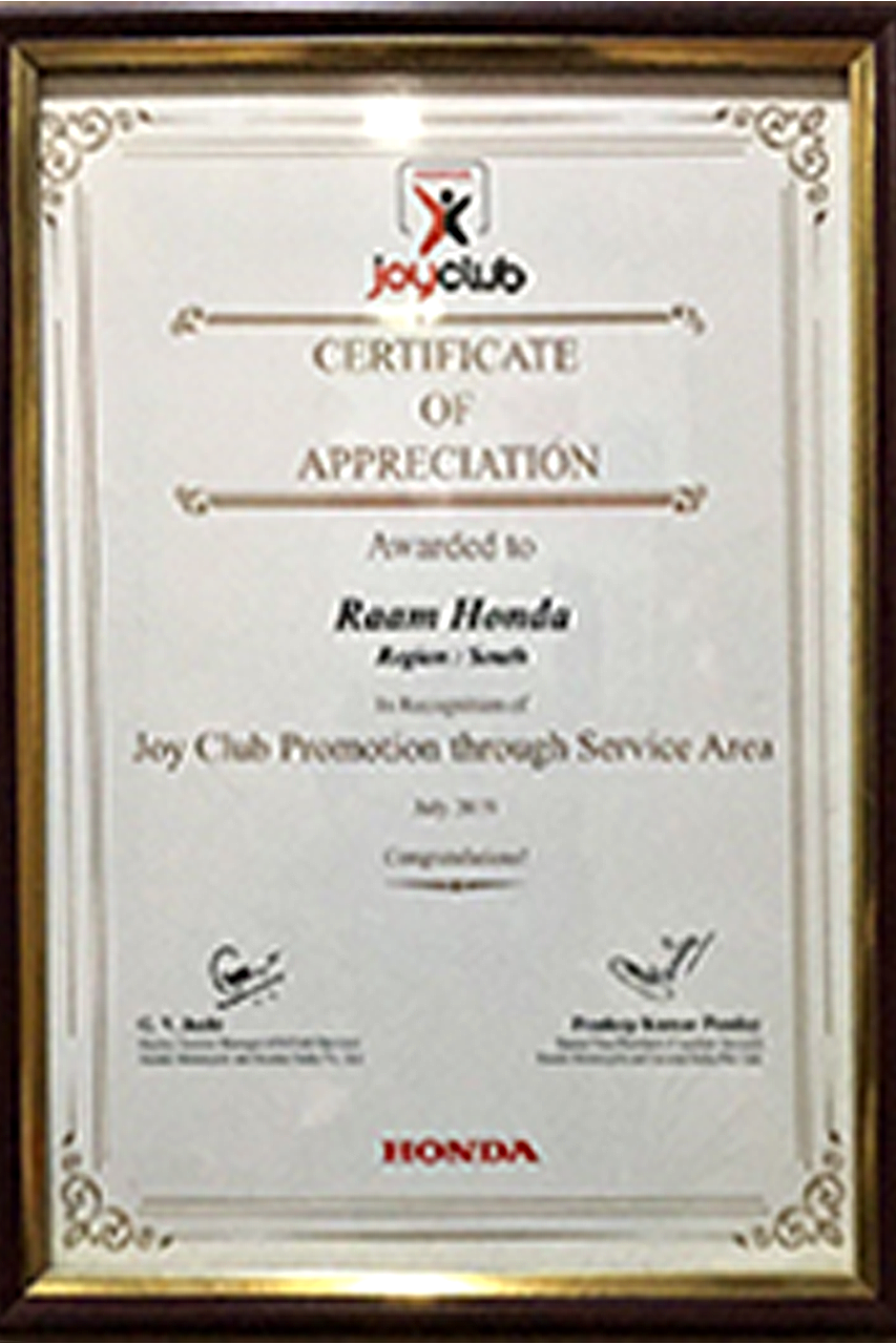 Recognition of Joy Club Promotion 2019 through Service Area